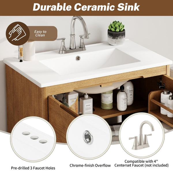 English Elm [video] 30 Inch Freestanding Bathroom Vanity Pine Legs Ceramic Sink Soft Close Storage Natural N759P412928N