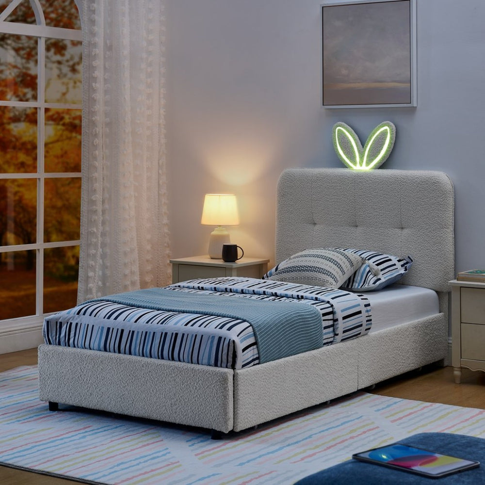 English Elm Twin Kids Boucle Upholstered Bed Rabbit Ear Headboard Led Lighting Four Storage Drawers Beige W1413P384921