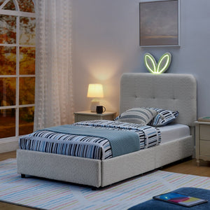 English Elm Twin Kids Boucle Upholstered Bed Rabbit Ear Headboard Led Lighting Four Storage Drawers Beige W1413P384921