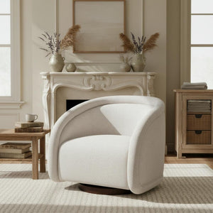 English Elm Sabbo Bouclé Swivel Accent Chair Walnut Wood Base Cozy Reading Nook Seating Beige,Walnut N767P388923B