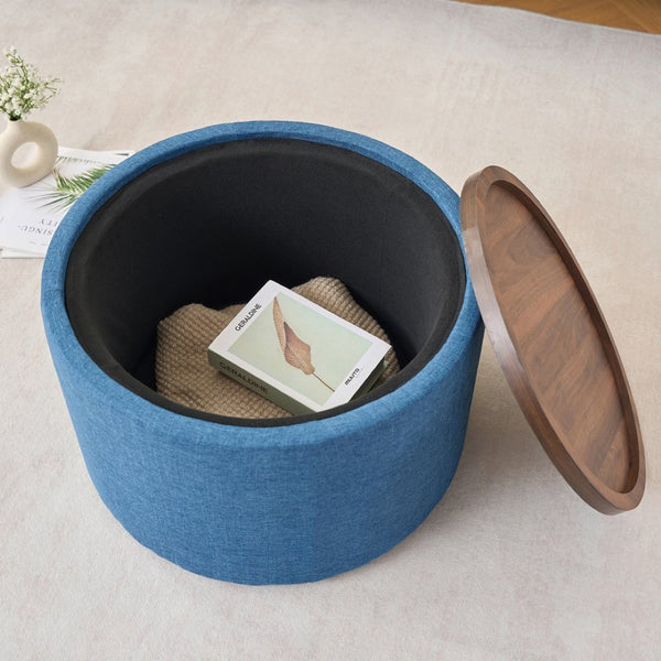 English Elm Ball Cast Round Nesting Ottoman Set Linen Upholstered Hidden Storage with Wooden Tray Blue W3163P379374