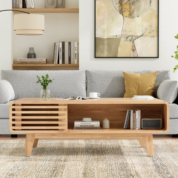 English Elm Coffee Table with Four Open Compartments Solid Wood Legs Mid Century Farmhouse Style Natural T3623P431252