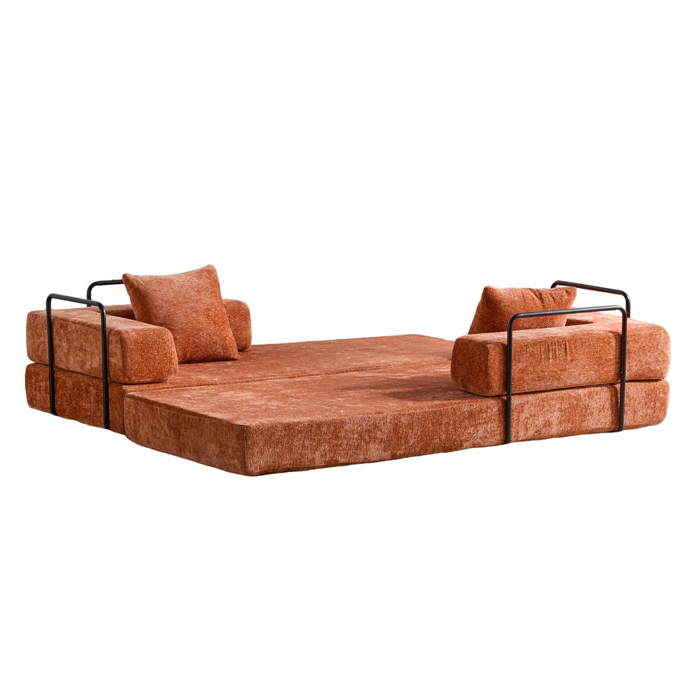 English Elm Floor Couch - Stylish Convertible Futon Sofa Bed With Armrests & Pillow Support In Orange Chenille W3723P344022