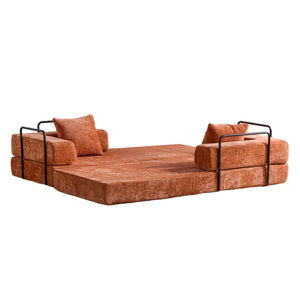 English Elm Floor Couch - Stylish Convertible Futon Sofa Bed With Armrests & Pillow Support In Orange Chenille W3723P344022