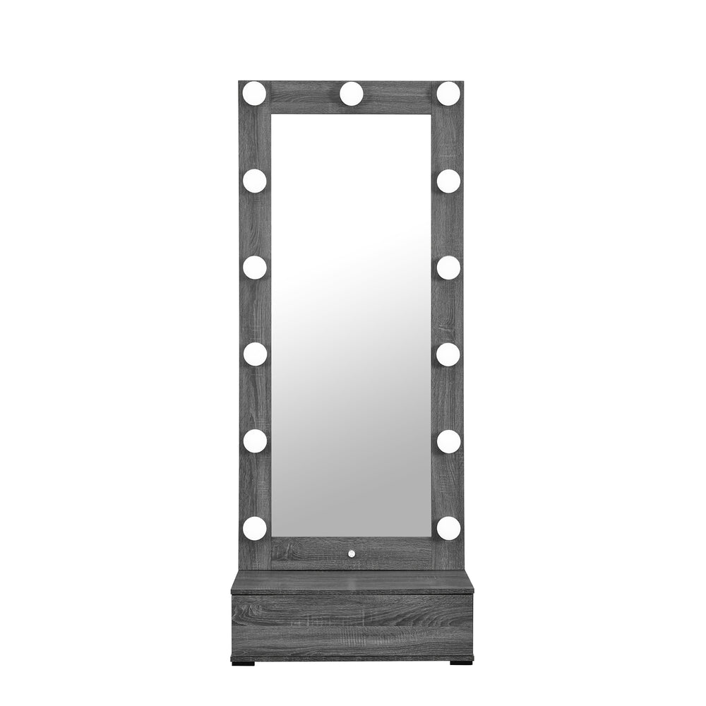 English Elm Lorena Grey Floor Mirror with LED, Built‑in Speaker & Drawer — Solid Wood/MDF, Space‑Saving Style B201S00442