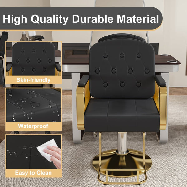 English Elm Hydraulic Salon Chair with Foot Pump Swivel Base Pu Leather Seat for Barber Tattoo Spa Black W2700P410952