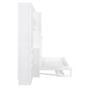 English Elm Full Size Murphy Wall Bed with Wardrobe Drawers Shelving for Studio Apartments LP000383AAK