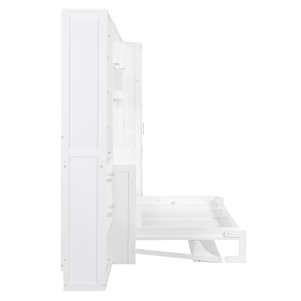 English Elm Full Size Murphy Wall Bed with Wardrobe Drawers Shelving for Studio Apartments LP000383AAK