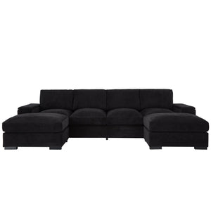 English Elm 122"l Corduroy Sectional with Dual Ottomans Modular U-shape Sofa for Modern Living Black W1669S00045