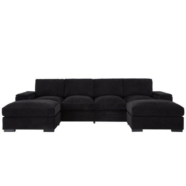 English Elm 122"l Corduroy Sectional with Dual Ottomans Modular U-shape Sofa for Modern Living Black W1669S00045