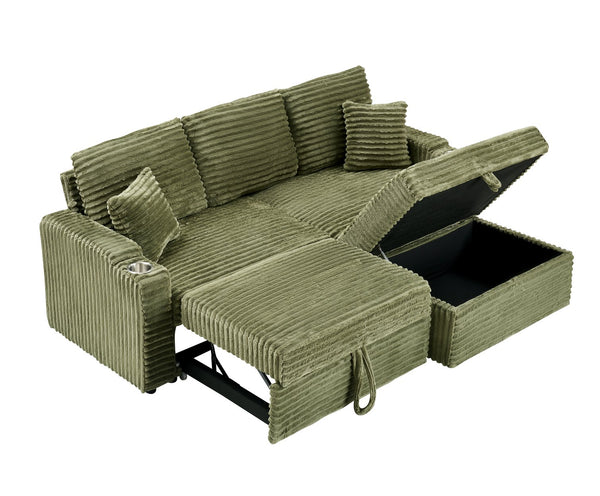 English Elm 80" Corduroy Multi-Function Sofa with Hidden Recliner, Space-Saving Design, Armrests, Cup Holders, Removable Footstool Green W3356S00019