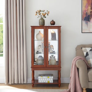 English Elm Curio Lighted Display Cabinet with Mirrored Back, Tempered Glass Doors, Solid Wood Legs, Compact Walnut W1693P216941