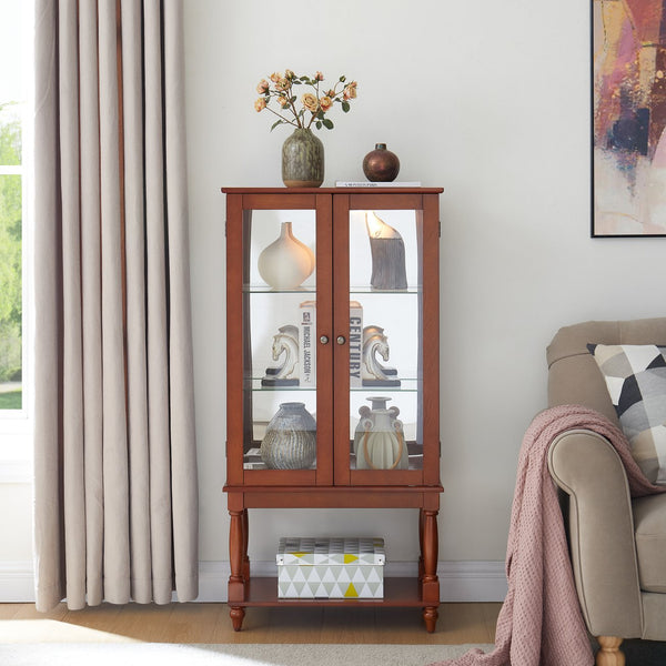 English Elm Curio Lighted Display Cabinet with Mirrored Back, Tempered Glass Doors, Solid Wood Legs, Compact Walnut W1693P216941