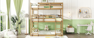 English Elm Triple Rubber Wood Bunk Bed with Built-In Ladders and Guardrails Maximizes Space for Families, Durable Design White Oak W504S00176