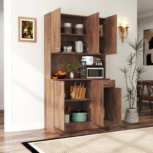 English Elm 70.87" Wardrobe Kitchen Cabinet with 6 Doors, 1 Drawer & Open Shelf — Durable Melamine MDF Storage Solution Walnut W331S00060
