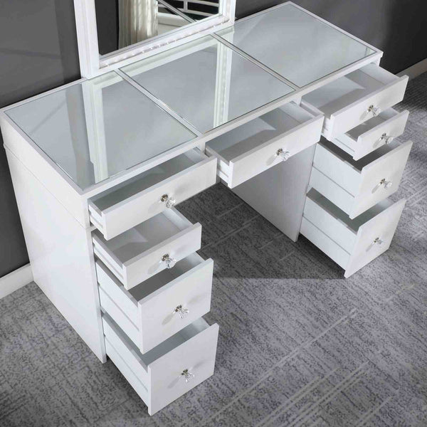 English Elm Contemporary Glam Vanity with Rhinestone Trim and Tempered Glass Top, High Gloss Finish, Illuminated Appeal White 27 L x 23 W x 32 H B2741S00683