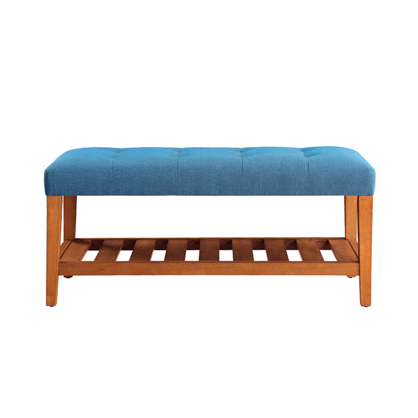 English Elm Fabric Upholstered Bench with Tufted Padded Seat, Open Lower Shelf, Tapered Wood Legs, 43"L Blue,Oak B016P311078