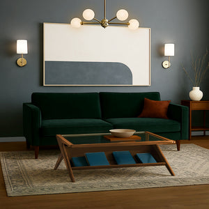 JLA Home INK+IVY - wood Mid-Century Tempered Glass Coffee Table with Angled Base, Open Shelf, Warm Finish — 42" wide IIF17-0045
