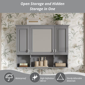 English Elm 35'' Modern Wall-Mounted Medicine Cabinet with Mirror, Hidden Storage and Open Shelves for Bath Gray N710P209443E