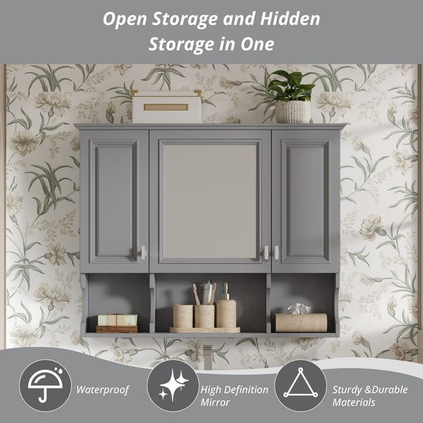 English Elm 35'' Modern Wall-Mounted Medicine Cabinet with Mirror, Hidden Storage and Open Shelves for Bath Gray N710P209443E