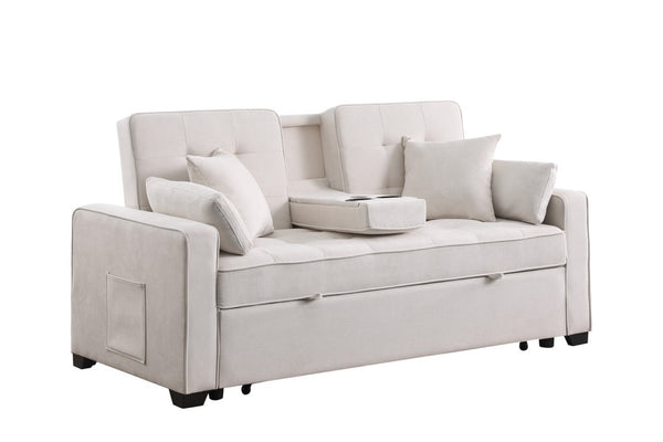 English Elm Corrado Woven Fabric Sleeper Loveseat with Console Cup Holders and Charging Ports Beige B2749S00242