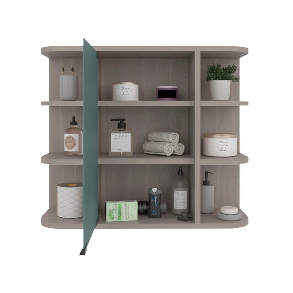 English Elm Medicine Cabinet with Mirrored Door Six Open Shelves Light Gray Bathroom Wall Storage B097133146