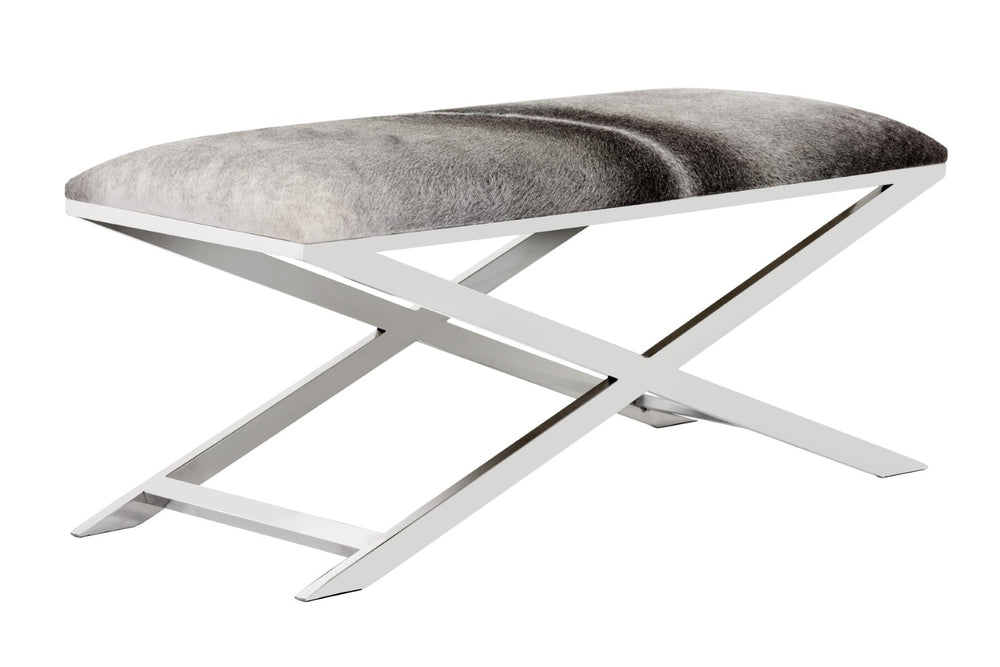 Sunpan SAHARA Bench – Handcrafted Cowhide & Stainless Steel Seating for Luxurious Entryways & Lounges 101703