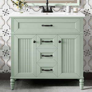 English Elm 36 Inch Bathroom Vanity with Ceramic Sink, Durable MDF & Solid Wood Frame, Soft-Close Doors, Luxe Handles, Ample Organized Storage, Modern Freestanding Design Green N725P314034F