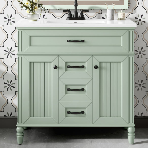 English Elm 36 Inch Bathroom Vanity with Ceramic Sink, Durable MDF & Solid Wood Frame, Soft-Close Doors, Luxe Handles, Ample Organized Storage, Modern Freestanding Design Green N725P314034F