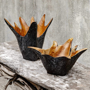 Uttermost Starpetal Solid Teakwood Decorative Bowl Pair Indoor Outdoor Artisan Set