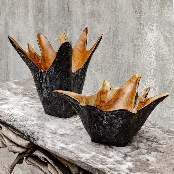 Uttermost Starpetal Solid Teakwood Decorative Bowl Pair Indoor Outdoor Artisan Set