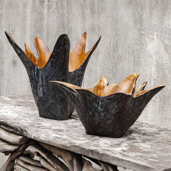 Uttermost Starpetal Solid Teakwood Decorative Bowl Pair Indoor Outdoor Artisan Set