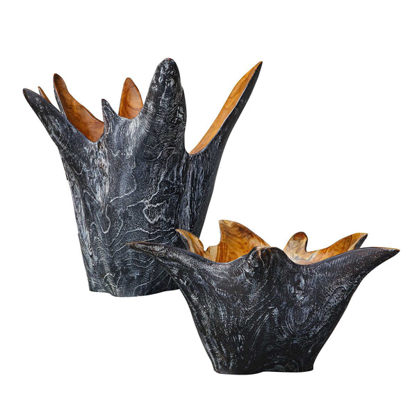 Uttermost Starpetal Solid Teakwood Decorative Bowl Pair Indoor Outdoor Artisan Set