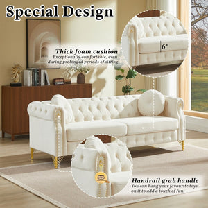 English Elm Velvet Chesterfield Tufted Sofa with Copper Stud Trim and Gold Legs for Glam Living Beige W834S00629