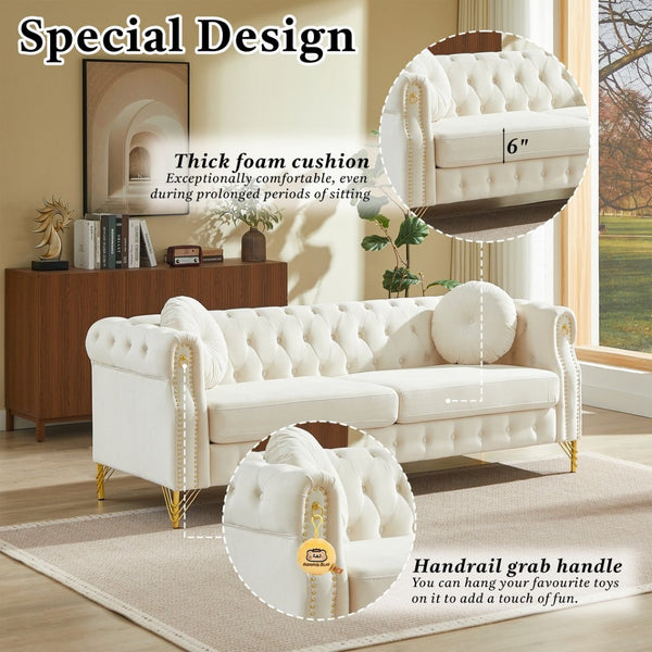 English Elm Velvet Chesterfield Tufted Sofa with Copper Stud Trim and Gold Legs for Glam Living Beige W834S00626