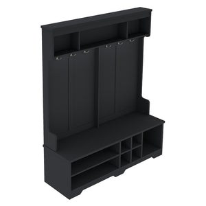 English Elm Modern Entryway Hall Tree with Six Hooks Bench Seat and Open Shoe Cubbies Black W1580S00618