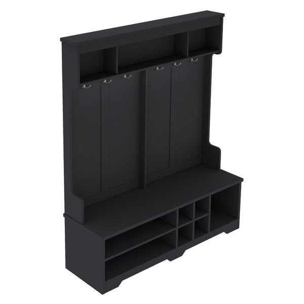 English Elm Modern Entryway Hall Tree with Six Hooks Bench Seat and Open Shoe Cubbies Black W1580S00618