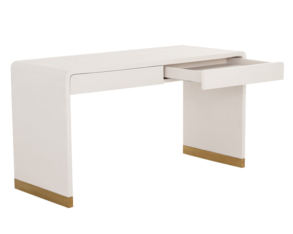 Sunpan Ilona Desk - Contemporary Oyster Shagreen Finish with Antique Brass Base and Sleek Curved Design