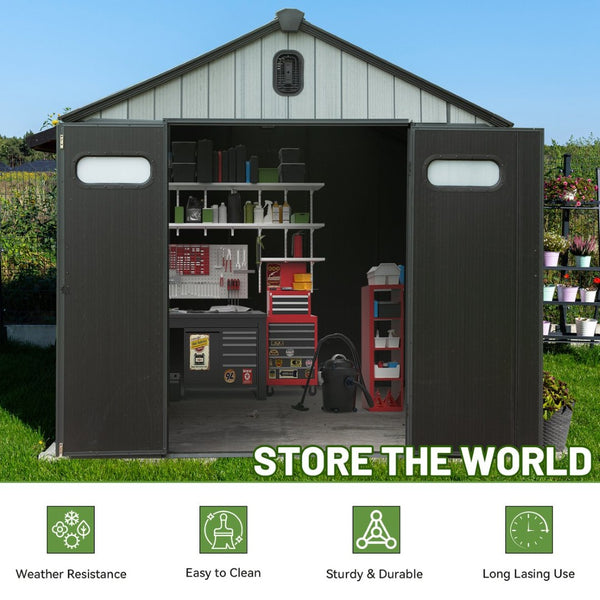 English Elm 8x10ft Outdoor Resin Storage Shed Lockable Waterproof Uv Resistant Wood Grain Design W1859S00132