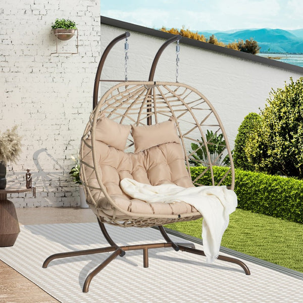 English Elm Double Hanging Egg Chair with Stand Wicker Basket Swing for Patio Balcony 600 Lb W874P270564