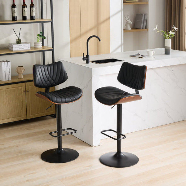 English Elm Walnut Bentwood Bar Stool set - Mid-Century Adjustable Counter Height with Faux Leather Seat, 360° Swivel, Ergonomic Backrest Black W1143P278537