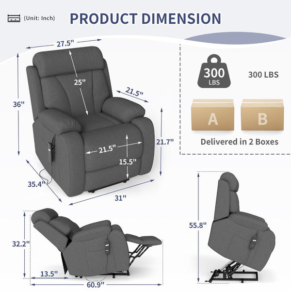 English Elm Power Lift Recliner For Seniors – Compact Electric Chair In Dark Gray Snowflake Velvet, Remote Control W1028S00052-GIGA