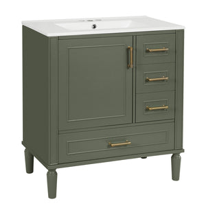 English Elm 30" Elegant Bathroom Vanity with Ceramic Sink, Soft-Close Door & 3 Drawers, Gold Handles, Durable Finish Olive Green N729P184479O
