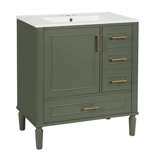 English Elm 30" Elegant Bathroom Vanity with Ceramic Sink, Soft-Close Door & 3 Drawers, Gold Handles, Durable Finish Olive Green N729P184479O