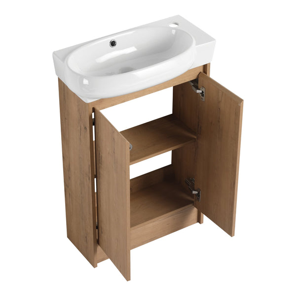 English Elm 23" Freestanding Bathroom Vanity with Ceramic Vessel Sink, Soft-Close Doors, Adjustable Shelf Storage Imitative Oak W999P206106