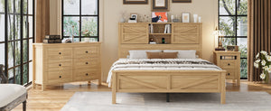 English Elm 3-Pieces Bedroom Set Full Size Farmhouse Platform Bed with Storage Headboard, Nightstand & Dresser Natural 46.25 L x 9.25 W x 9 H N733S369037M
