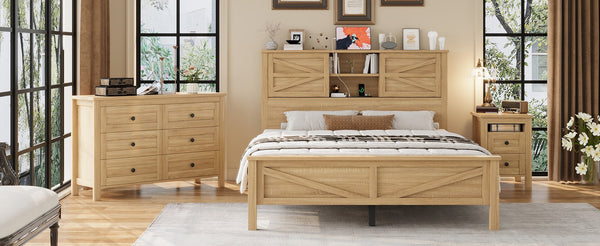 English Elm 3-Pieces Bedroom Set Full Size Farmhouse Platform Bed with Storage Headboard, Nightstand & Dresser Natural 46.25 L x 9.25 W x 9 H N733S369037M