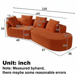 English Elm 116" Curved Sectional Sofa Pearl Fabric Chaise Frameless Sponge Contemporary Living Room Orange N767P388359G