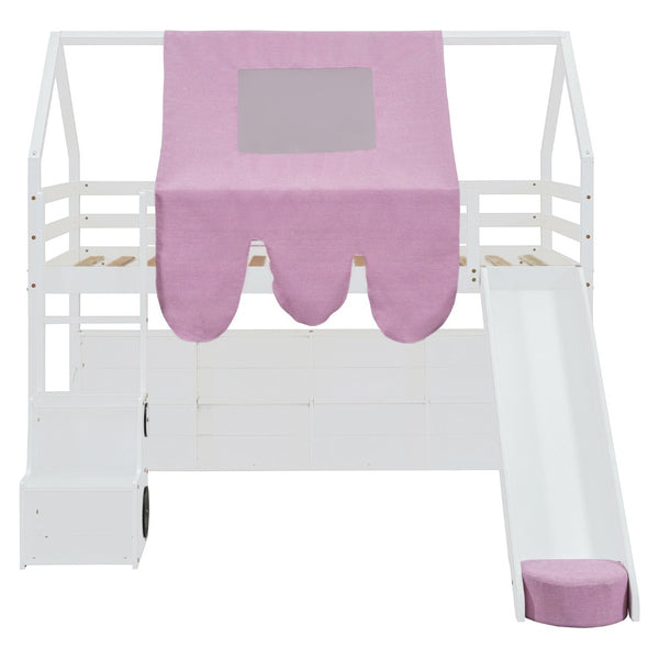 English Elm Twin House Loft Bed with Tent Canopy Slide and Shelves Pinewood Kids Frame White LT000682AAK-1