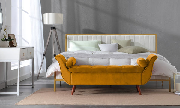 English Elm Vintage Velvet Tufted Storage Bench Mid Century Button Seat Entryway Bedroom Footstool Brown+Yellow W2795P428655